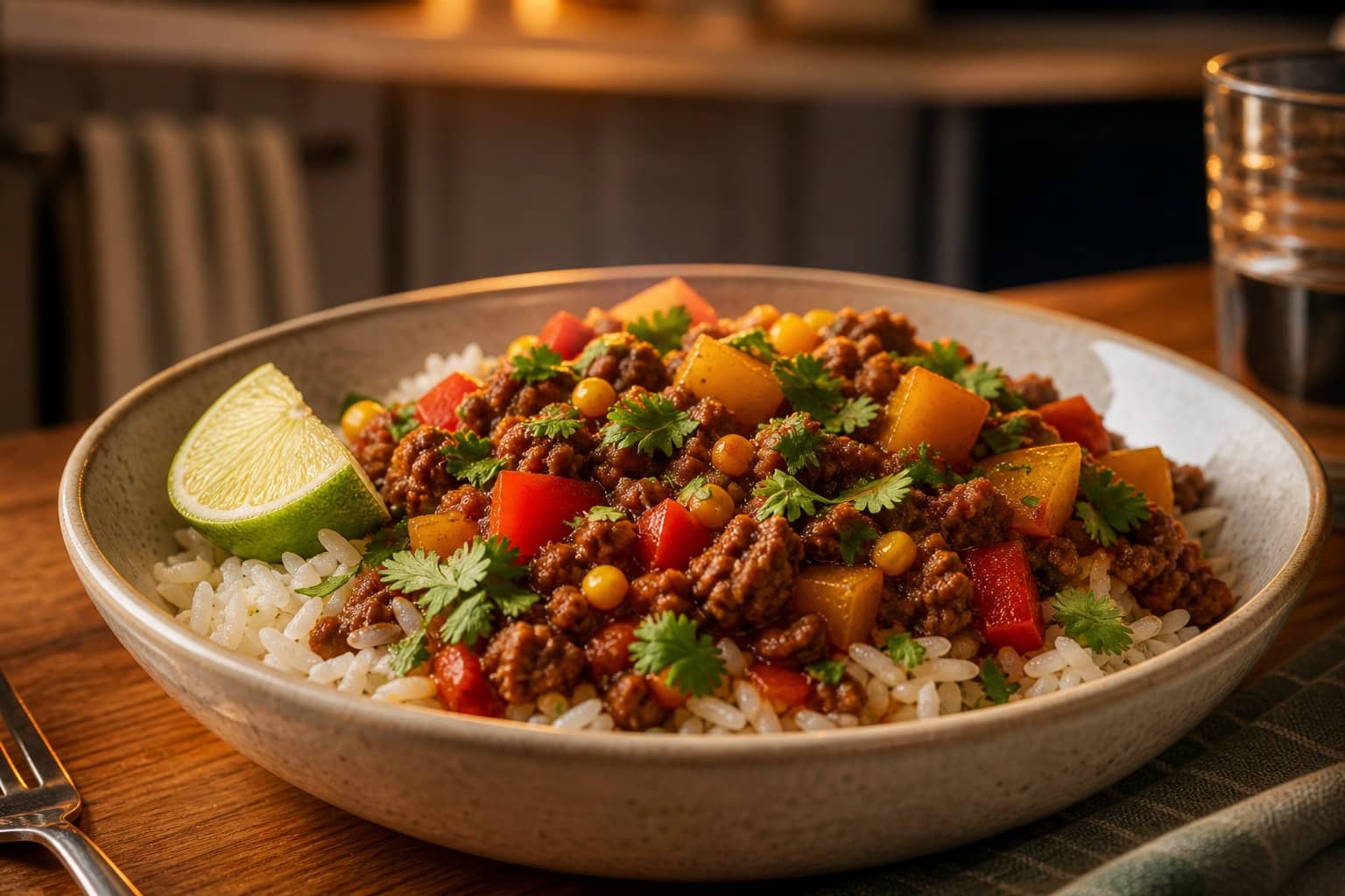Smoky Beef Pepper Rice Bowls with Lime.