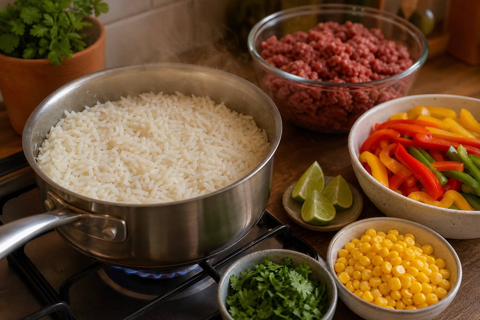 Smoky Beef Pepper Rice Bowls with Lime cooking step 1: Start the rice.