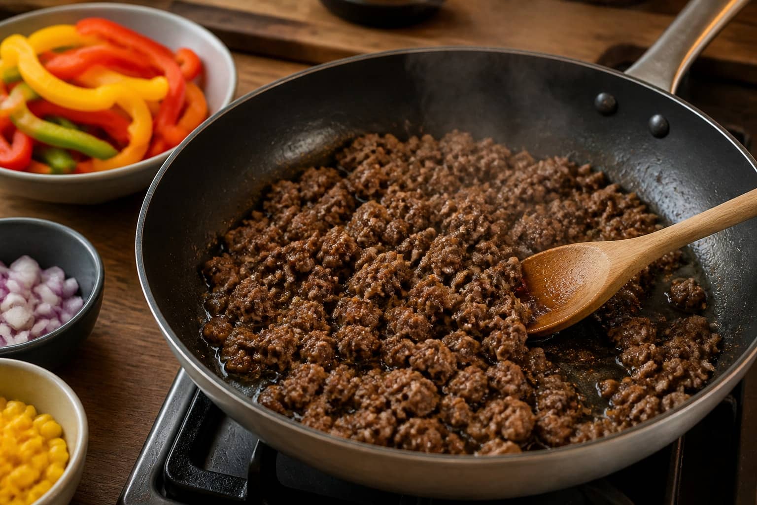 Smoky Beef Pepper Rice Bowls with Lime cooking step 3: Brown the beef.
