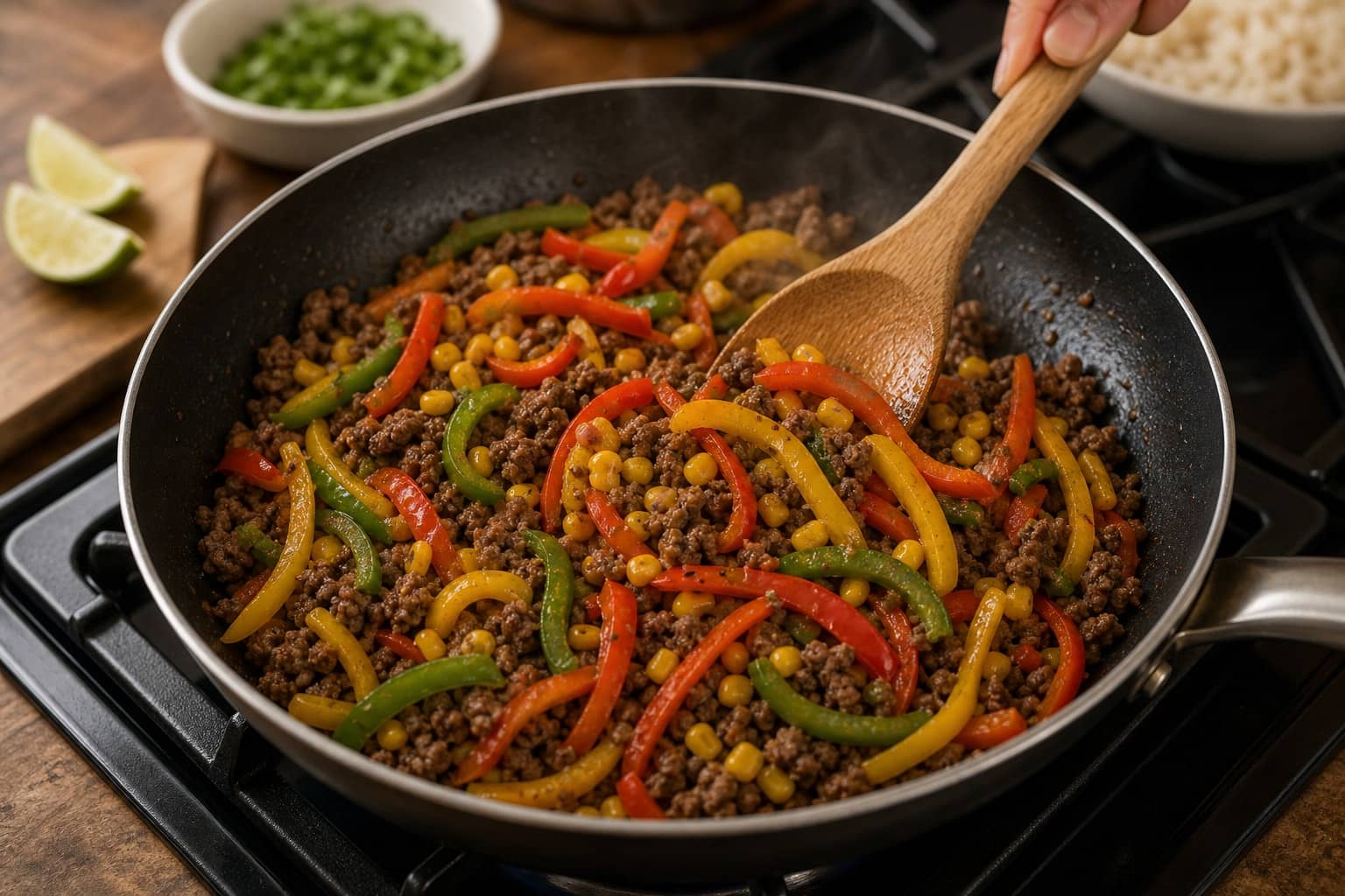 Smoky Beef Pepper Rice Bowls with Lime cooking step 4: Cook the peppers.