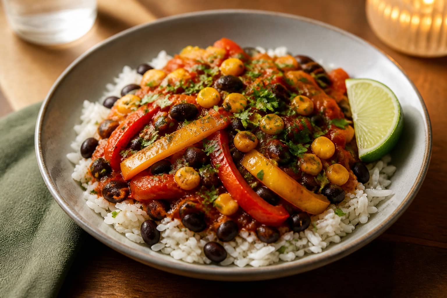 Smoky Black Bean Pepper Rice Bowls with Lime.