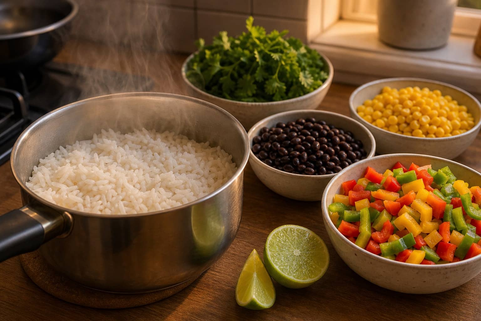 Smoky Black Bean Pepper Rice Bowls with Lime cooking step 1: Start the rice.
