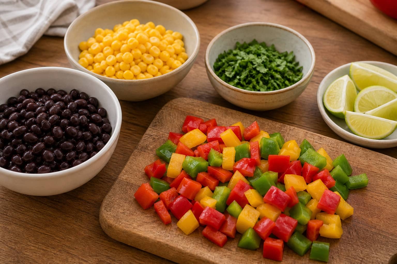 Smoky Black Bean Pepper Rice Bowls with Lime cooking step 2: Prepare the vegetables.