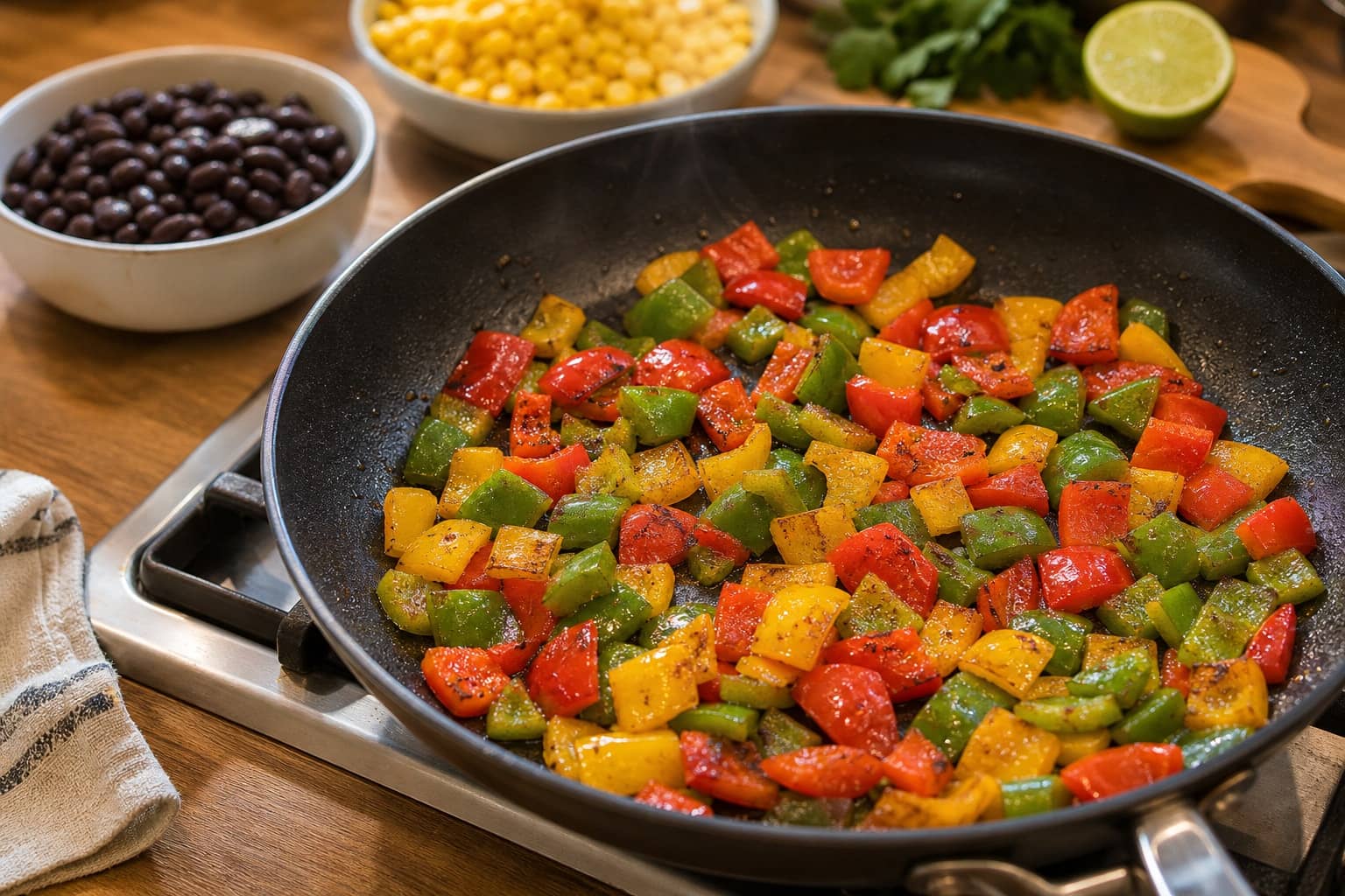 Smoky Black Bean Pepper Rice Bowls with Lime cooking step 3: Char the peppers.