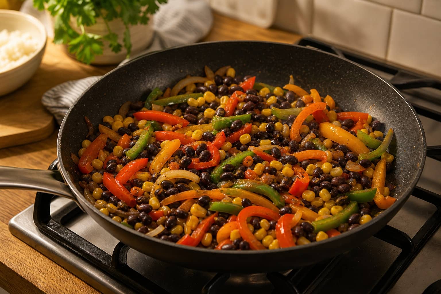 Smoky Black Bean Pepper Rice Bowls with Lime cooking step 4: Build the smoky beans.