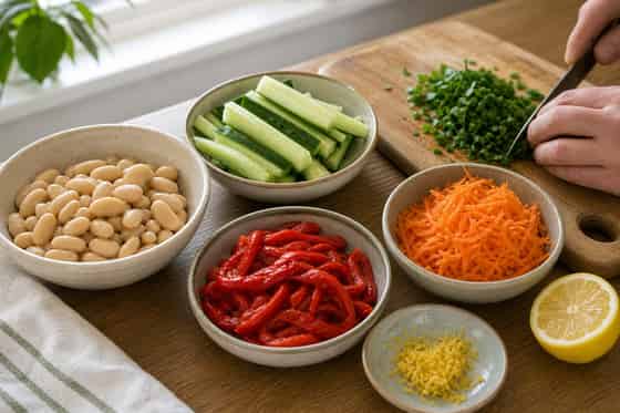 Smoky Butter Bean Pepper Wraps with Lemon Parsley cooking step 1: Prepare the vegetables.