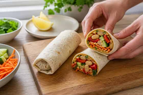 Smoky Butter Bean Pepper Wraps with Lemon Parsley cooking step 5: Roll and halve.