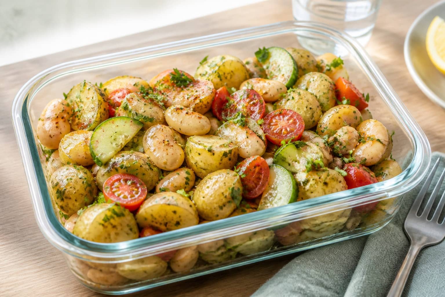 Smoky Butter Bean Potato Salad Boxes with Lemon Parsley.
