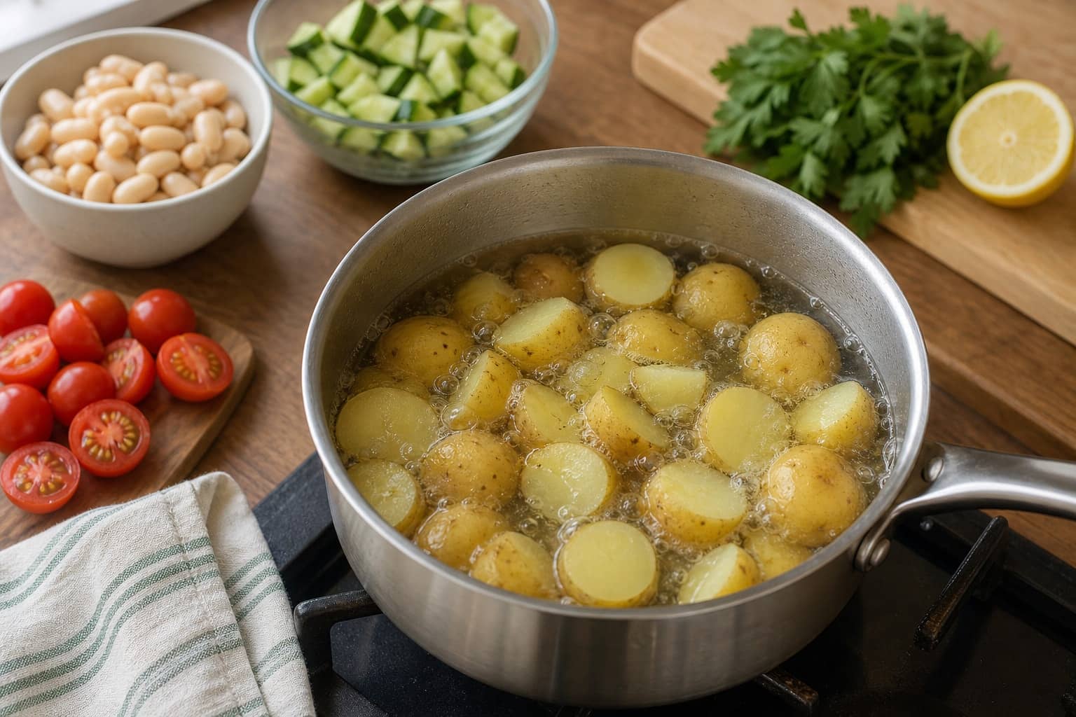 Smoky Butter Bean Potato Salad Boxes with Lemon Parsley cooking step 1: Cook the potatoes.