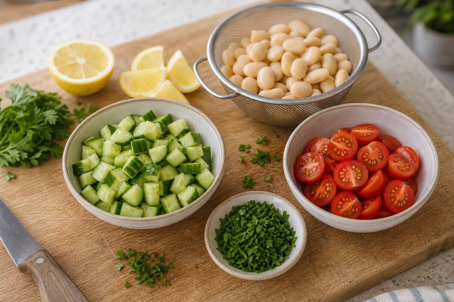 Smoky Butter Bean Potato Salad Boxes with Lemon Parsley cooking step 2: Prepare the salad.