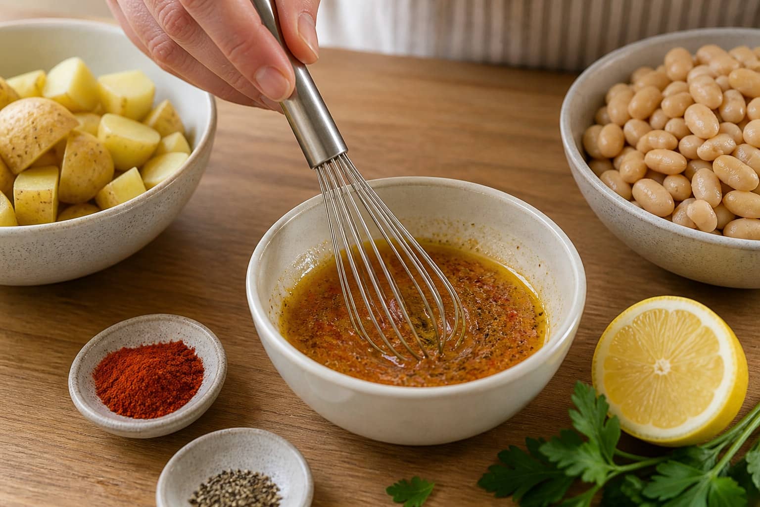 Smoky Butter Bean Potato Salad Boxes with Lemon Parsley cooking step 3: Make the dressing.