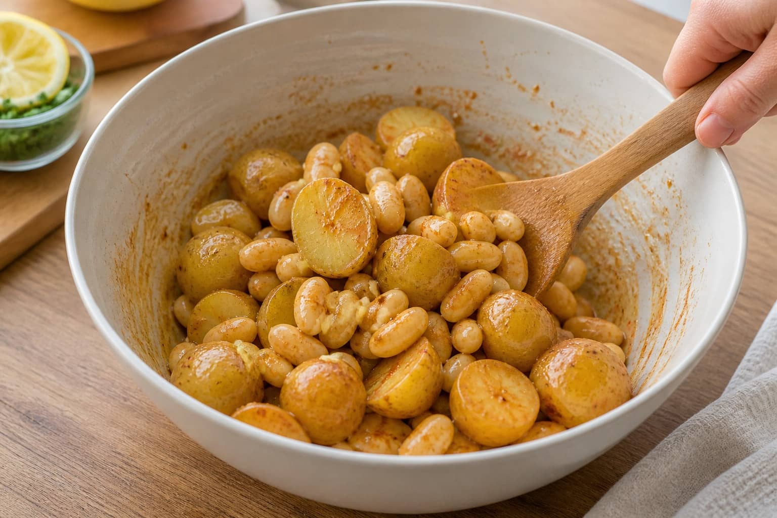 Smoky Butter Bean Potato Salad Boxes with Lemon Parsley cooking step 4: Dress the warm potatoes.