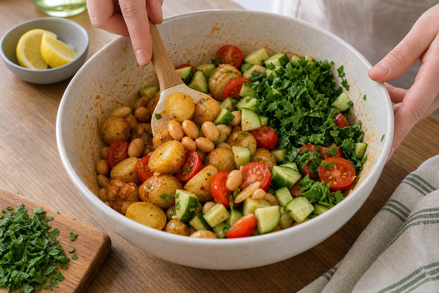 Smoky Butter Bean Potato Salad Boxes with Lemon Parsley cooking step 5: Fold in the beans.