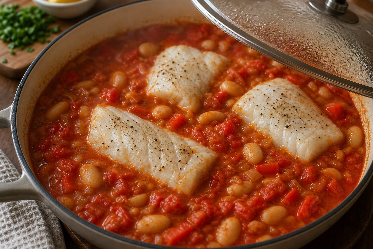 Cod Butter Bean Stew with Lemon Parsley cooking step 5: Poach the cod.