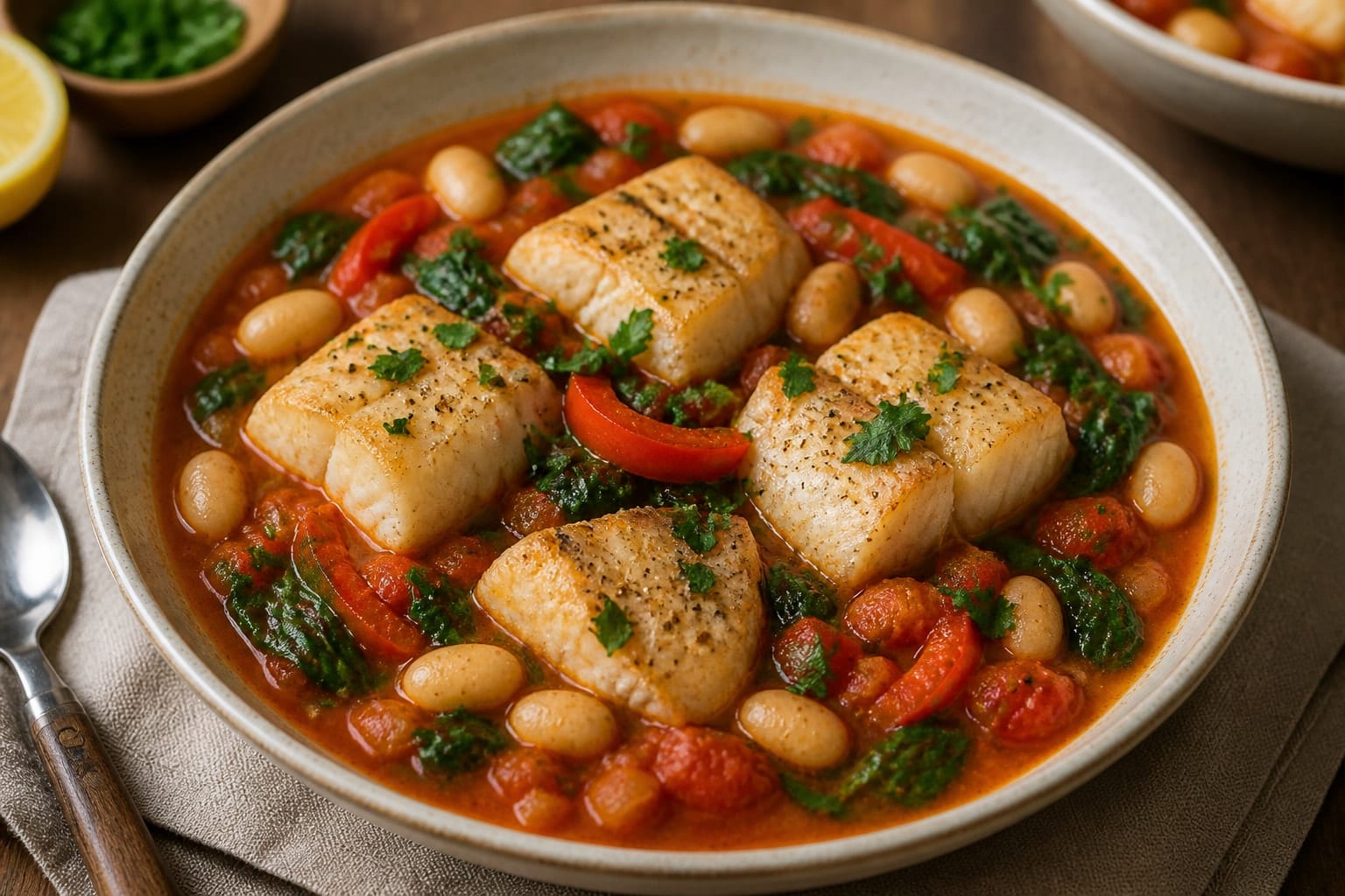 Cod Butter Bean Stew with Lemon Parsley cooking step 6: Finish with greens.