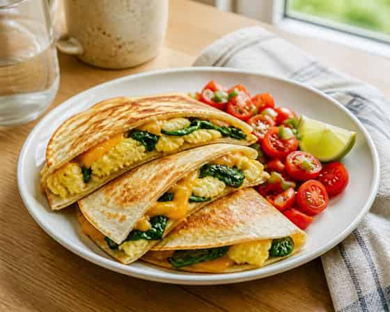 Spinach Cheddar Breakfast Quesadillas with Tomato Salsa.