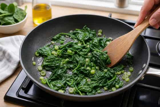 Spinach Cheddar Breakfast Quesadillas with Tomato Salsa cooking step 2: Soften the spinach.