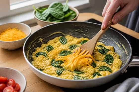 Spinach Cheddar Breakfast Quesadillas with Tomato Salsa cooking step 3: Scramble the eggs.