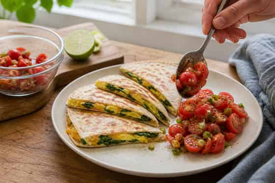 Spinach Cheddar Breakfast Quesadillas with Tomato Salsa cooking step 5: Add tomato salsa.