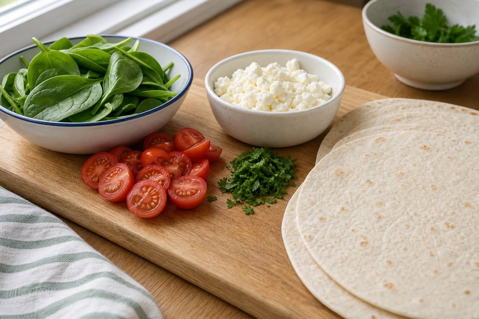 Spinach Tomato Feta Omelette Wraps cooking step 1: Prepare the fillings.