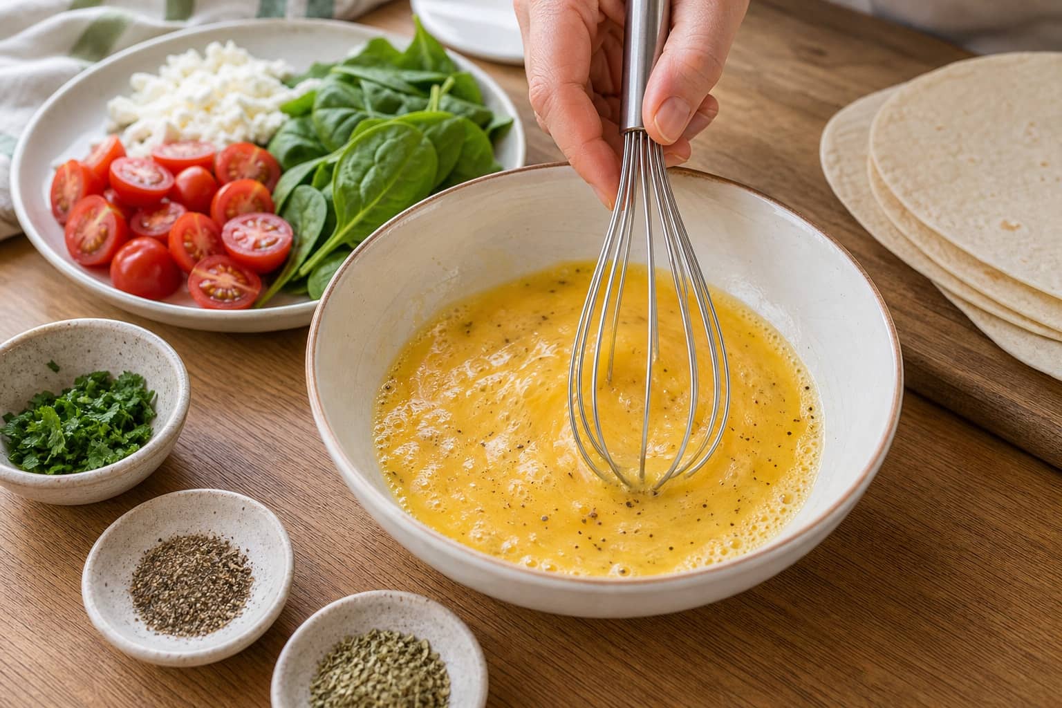 Spinach Tomato Feta Omelette Wraps cooking step 2: Beat the eggs.