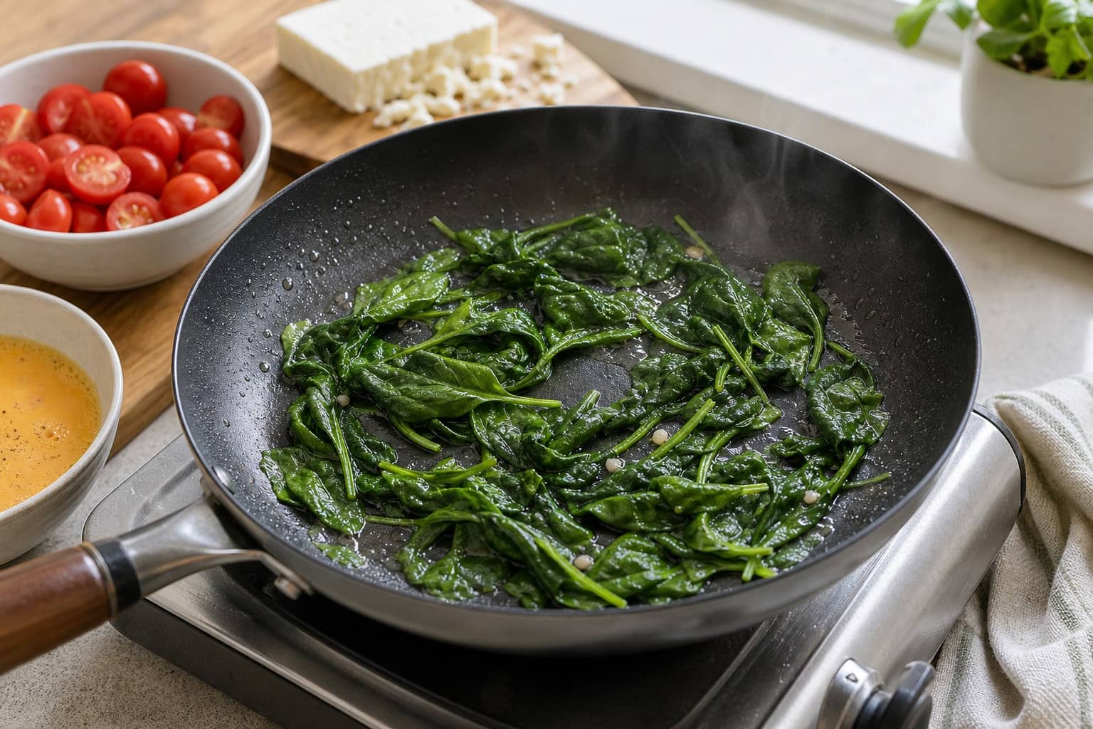 Spinach Tomato Feta Omelette Wraps cooking step 3: Wilt the spinach.