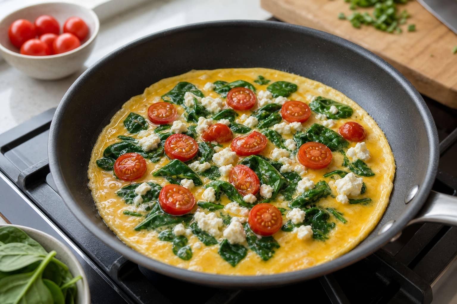 Spinach Tomato Feta Omelette Wraps cooking step 4: Cook the omelette.