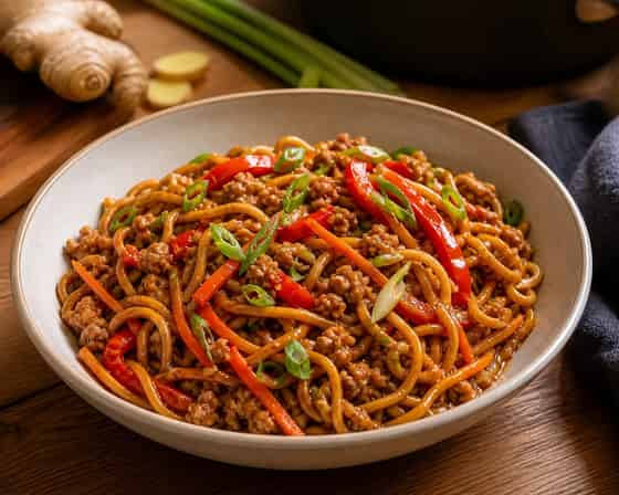 Sticky Pork Pepper Noodles with Ginger.