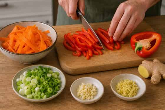 Sticky Pork Pepper Noodles with Ginger cooking step 1: Prepare the vegetables.