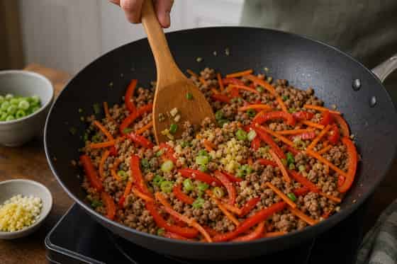 Sticky Pork Pepper Noodles with Ginger cooking step 4: Add ginger and veg.