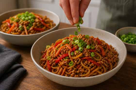 Sticky Pork Pepper Noodles with Ginger cooking step 6: Finish with spring onion.