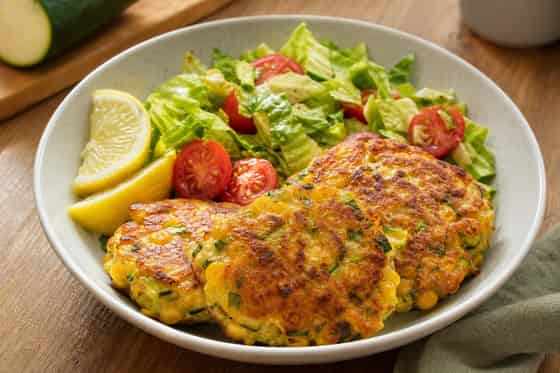 Sweetcorn Courgette Cheddar Fritters with Tomato Salad.