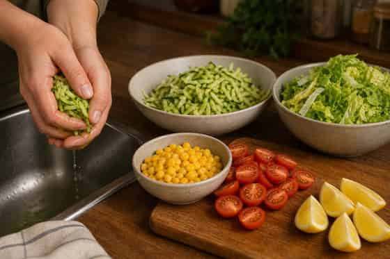 Sweetcorn Courgette Cheddar Fritters with Tomato Salad cooking step 1: Prepare the vegetables.