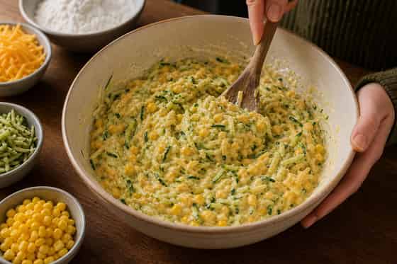 Sweetcorn Courgette Cheddar Fritters with Tomato Salad cooking step 2: Mix the batter.