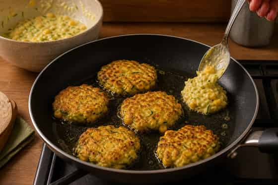 Sweetcorn Courgette Cheddar Fritters with Tomato Salad cooking step 3: Fry the first batch.