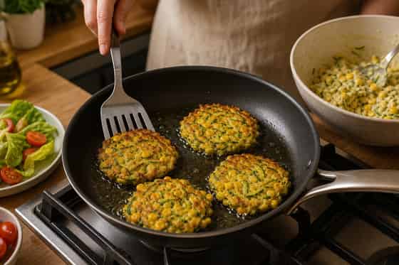 Sweetcorn Courgette Cheddar Fritters with Tomato Salad cooking step 4: Fry the second batch.