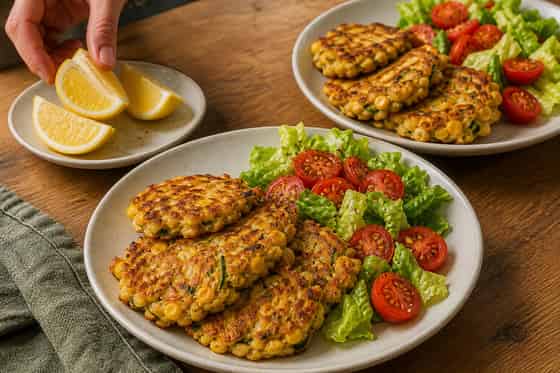 Sweetcorn Courgette Cheddar Fritters with Tomato Salad cooking step 6: Serve with lemon.