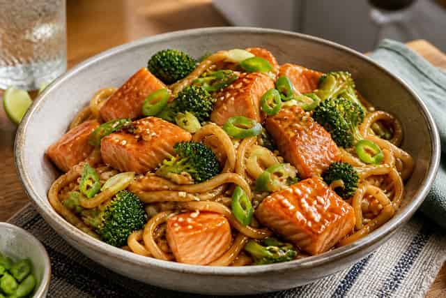 Sticky Teriyaki Salmon Broccoli Noodles.