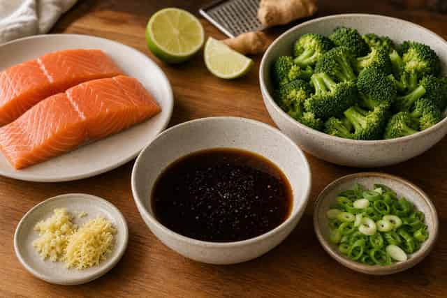 Sticky Teriyaki Salmon Broccoli Noodles cooking step 1: Prepare the sauce and veg.
