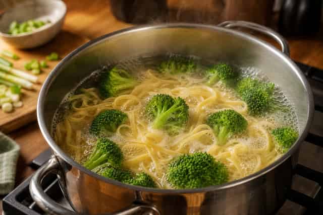 Sticky Teriyaki Salmon Broccoli Noodles cooking step 2: Cook the noodles.