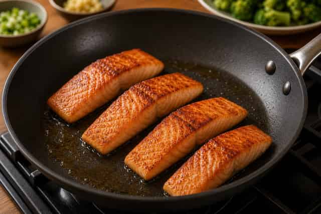 Sticky Teriyaki Salmon Broccoli Noodles cooking step 3: Sear the salmon.