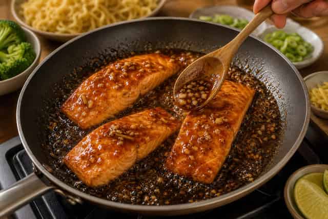 Sticky Teriyaki Salmon Broccoli Noodles cooking step 4: Glaze the fish.