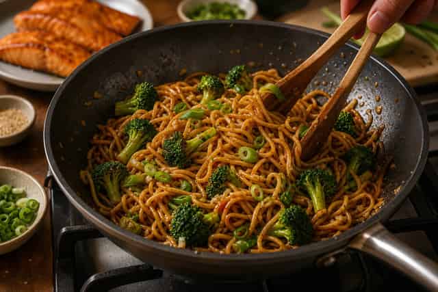 Sticky Teriyaki Salmon Broccoli Noodles cooking step 5: Toss the noodles.