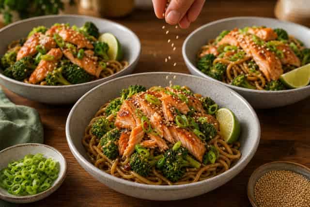 Sticky Teriyaki Salmon Broccoli Noodles cooking step 6: Serve with sesame.