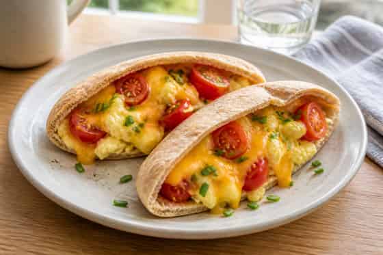 Tomato Cheddar Egg Pittas with Chives.