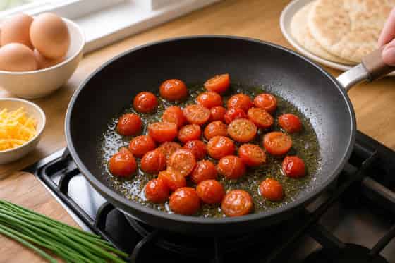Tomato Cheddar Egg Pittas with Chives cooking step 2: Soften the tomatoes.