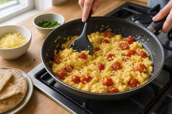 Tomato Cheddar Egg Pittas with Chives cooking step 3: Scramble the eggs.