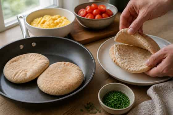 Tomato Cheddar Egg Pittas with Chives cooking step 4: Warm the pittas.