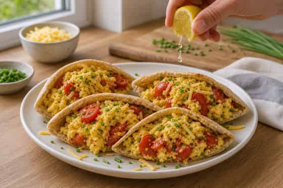 Tomato Cheddar Egg Pittas with Chives cooking step 5: Assemble and serve.