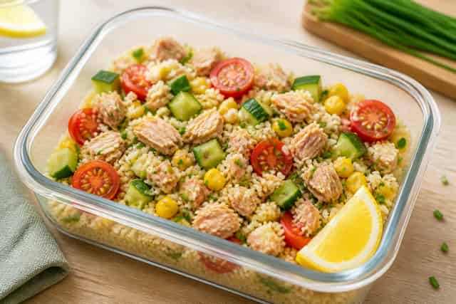 Tuna Cucumber Couscous Boxes with Lemon Chives.